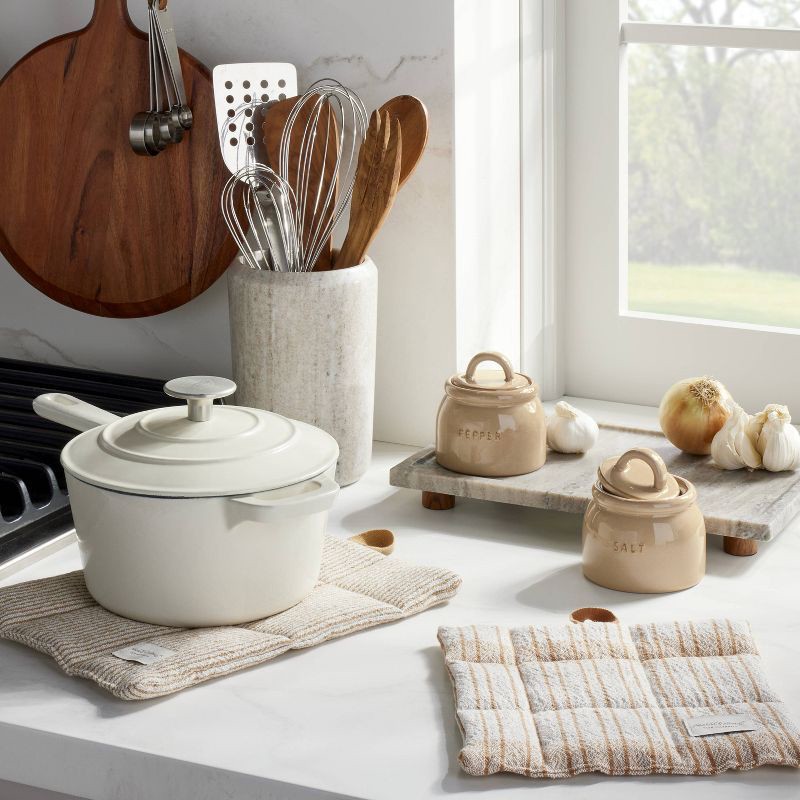 slide 2 of 4, Hearth & Hand with Magnolia 8"x12" Footed Marble Countertop Tray Warm Beige - Hearth & Hand™ with Magnolia: Acacia Wood Base, Rectangular Shape, 1 ct