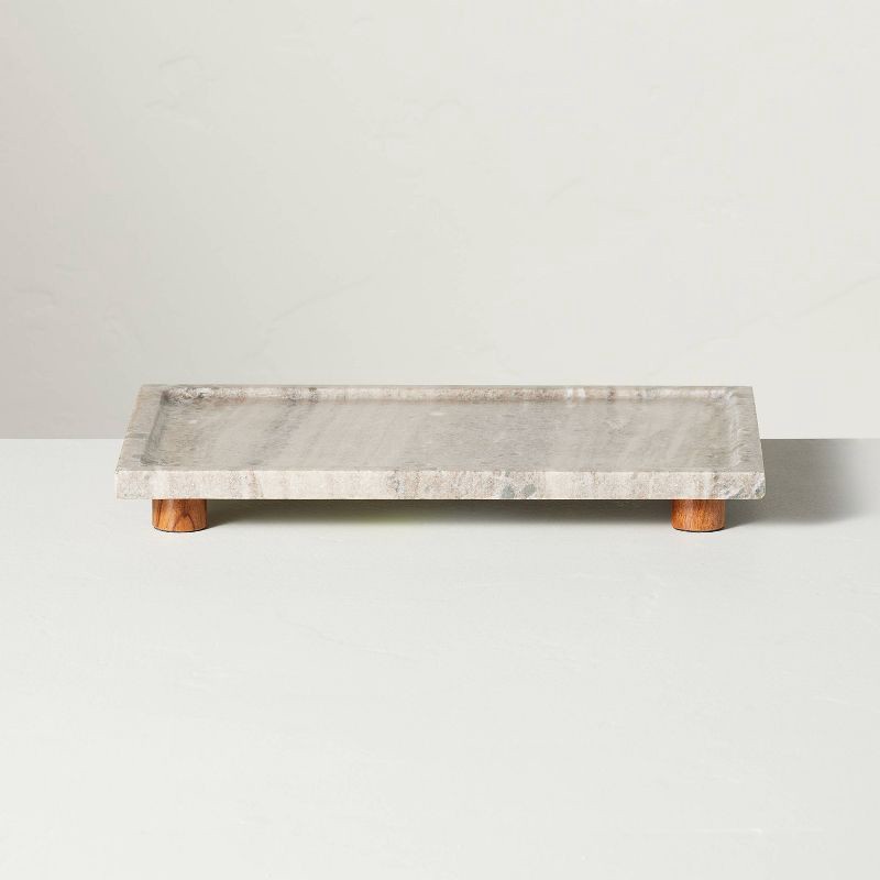 slide 3 of 4, Hearth & Hand with Magnolia 8"x12" Footed Marble Countertop Tray Warm Beige - Hearth & Hand™ with Magnolia: Acacia Wood Base, Rectangular Shape, 1 ct