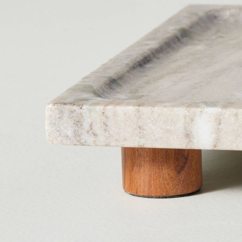 slide 4 of 4, Hearth & Hand with Magnolia 8"x12" Footed Marble Countertop Tray Warm Beige - Hearth & Hand™ with Magnolia: Acacia Wood Base, Rectangular Shape, 1 ct