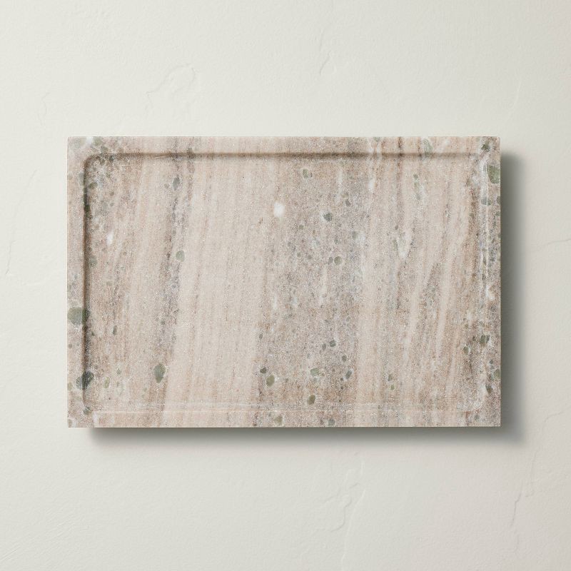 slide 1 of 4, Hearth & Hand with Magnolia 8"x12" Footed Marble Countertop Tray Warm Beige - Hearth & Hand™ with Magnolia: Acacia Wood Base, Rectangular Shape, 1 ct