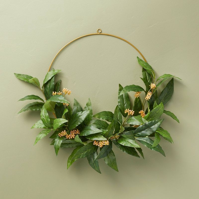 slide 1 of 4, Hearth & Hand with Magnolia 16" Faux Laurel Leaf & Sedum Wire Wreath - Hearth & Hand™ with Magnolia, 1 ct