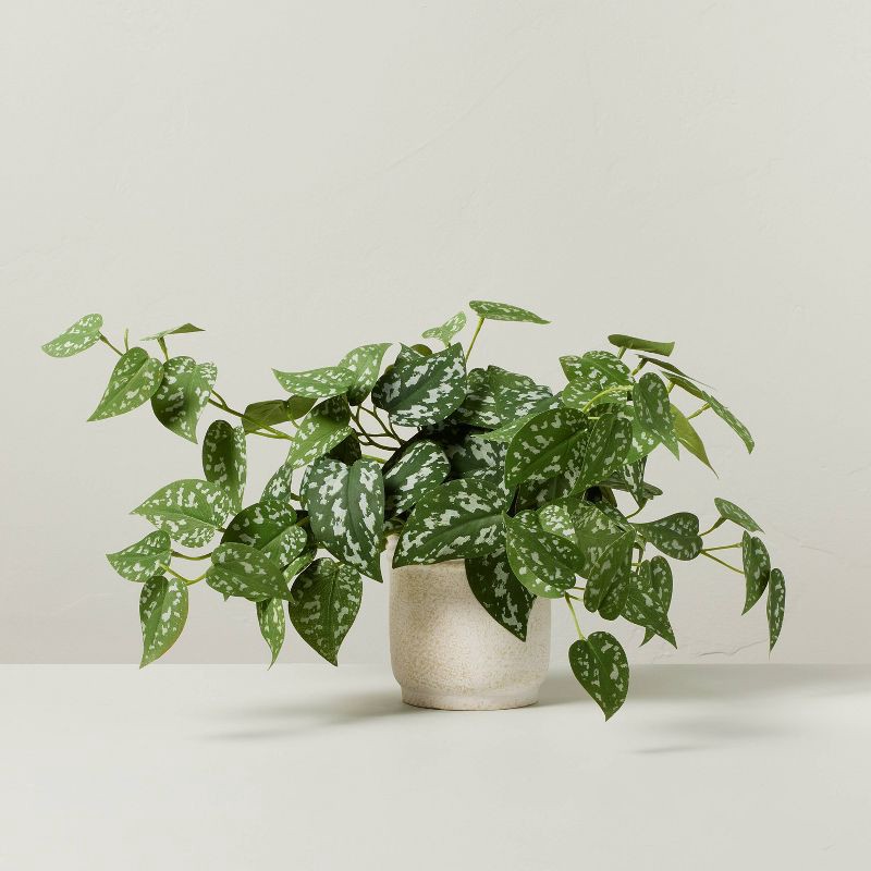 slide 1 of 3, Hearth & Hand with Magnolia 10" Faux Satin Variegated Pothos Plant - Hearth & Hand™ with Magnolia: Indoor Decorative Artificial Foliage in Off-White Pot, 1 ct