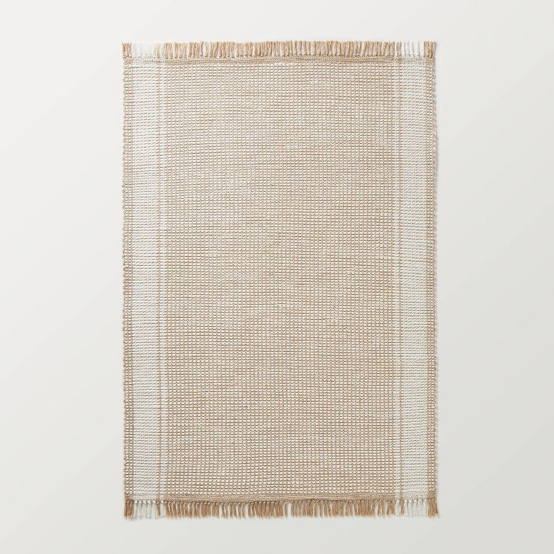 slide 1 of 4, Hearth & Hand with Magnolia 5'x7' Wide Border Stripe Handmade Woven Area Rug Tan/Cream - Hearth & Hand™ with Magnolia: Farmhouse Style, Indoor Flatweave, 1 ct