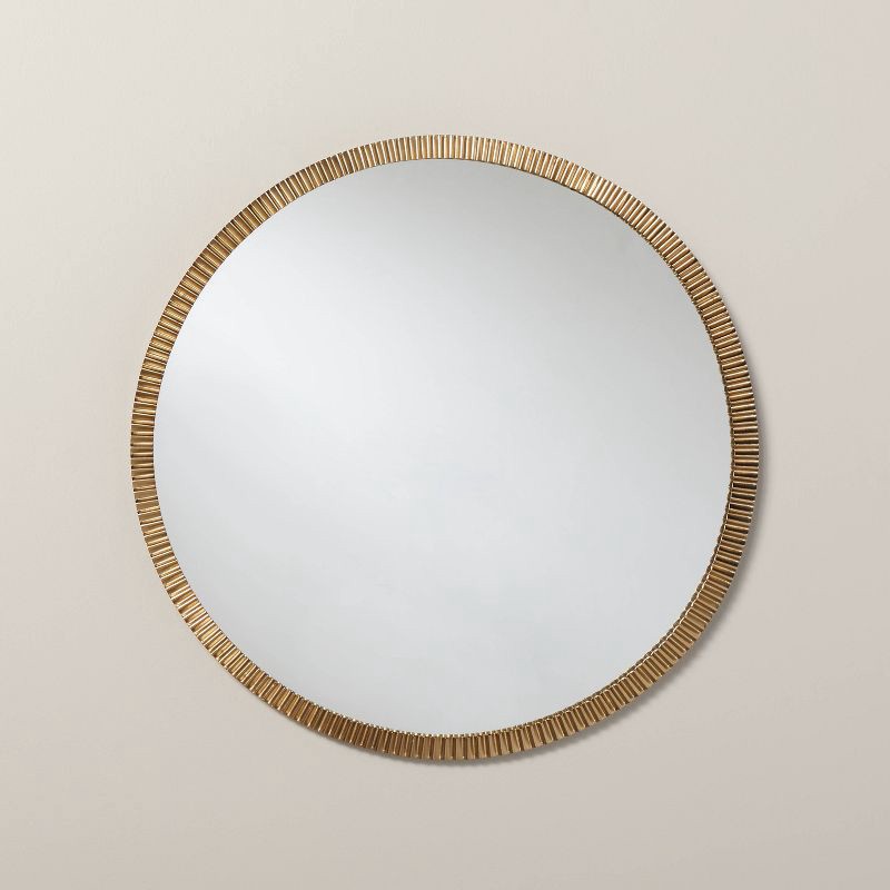 slide 1 of 4, Hearth & Hand with Magnolia 20" Pleated Brass Round Wall Mirror Antique Finish - Hearth & Hand™ with Magnolia: Classic Farmhouse Decor, No Assembly Required, 1 ct