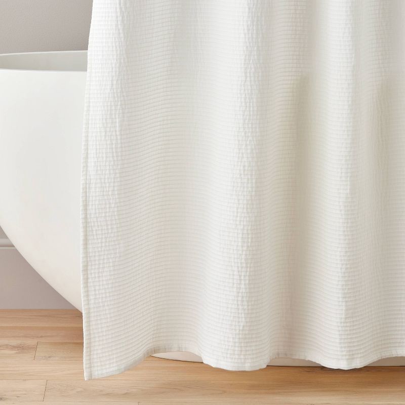 slide 3 of 3, Hearth & Hand with Magnolia Textured Horizontal Stripe Matelassé Shower Curtain Cream - Hearth & Hand™ with Magnolia: Cotton Fabric, Buttonhole Top, 1 ct