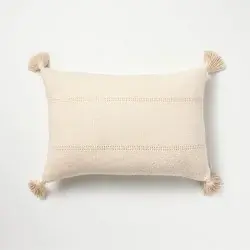 Hearth & Hand with Magnolia 14"x20" Hem Stitch Stripe Lumbar Throw Pillow with Tassels Tan - Hearth & Hand™ with Magnolia
