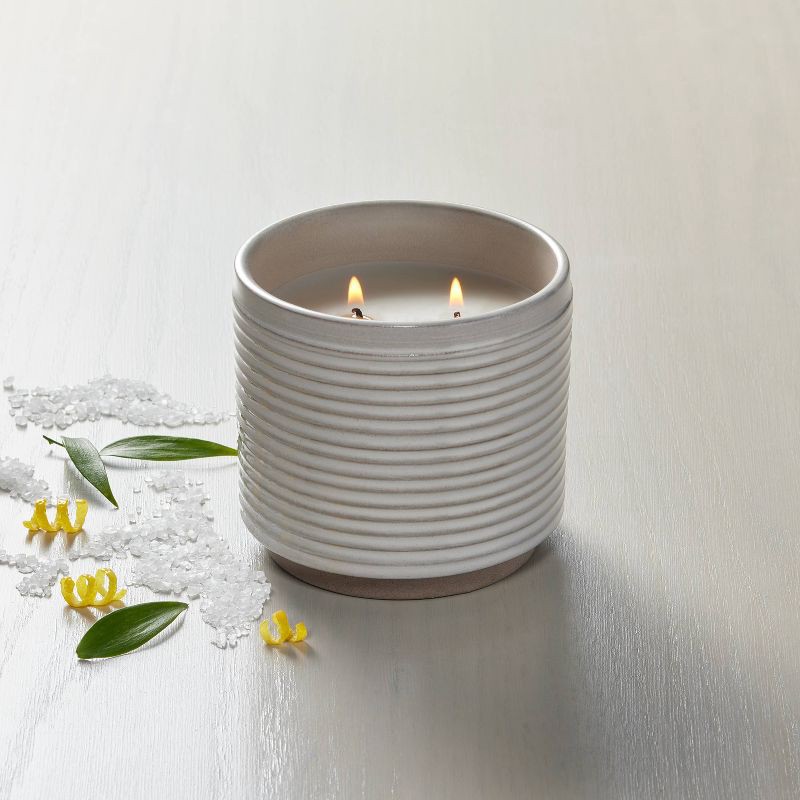 slide 2 of 3, Hearth & Hand with Magnolia 2-Wick Ribbed Ceramic Salt Jar Candle Light Gray 12oz - Hearth & Hand™ with Magnolia: Soy & Paraffin Wax, Sea Salt Scent, 12 oz
