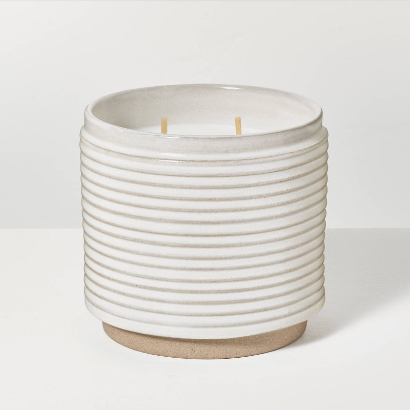 slide 1 of 3, Hearth & Hand with Magnolia 2-Wick Ribbed Ceramic Salt Jar Candle Light Gray 12oz - Hearth & Hand™ with Magnolia: Soy & Paraffin Wax, Sea Salt Scent, 12 oz