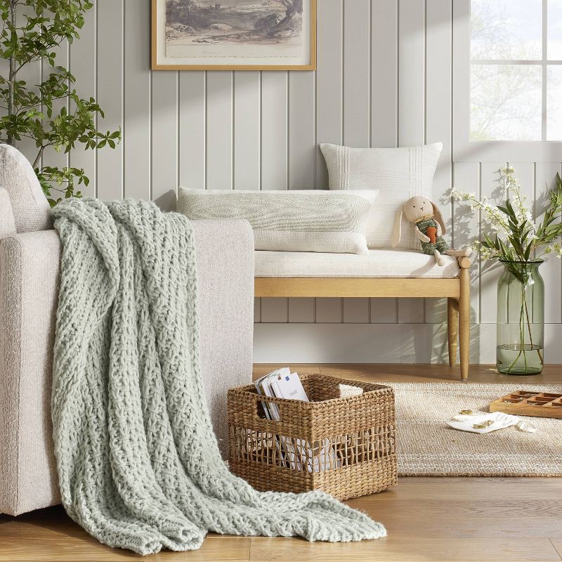 slide 2 of 3, Hearth & Hand with Magnolia Chunky Knit Throw Blanket Light Green - Hearth & Hand™ with Magnolia: Acrylic, Farmhouse Style, Cozy & Warm 50x60", 1 ct