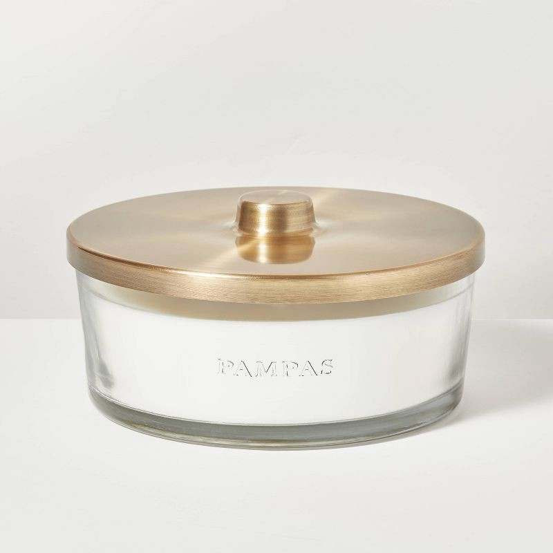 slide 1 of 3, Hearth & Hand with Magnolia 5-Wick Clear Glass Pampas Knob-Lid Jar Candle White 28oz - Hearth & Hand™ with Magnolia: Soy Blend, 40hr Burn Time, 28 oz