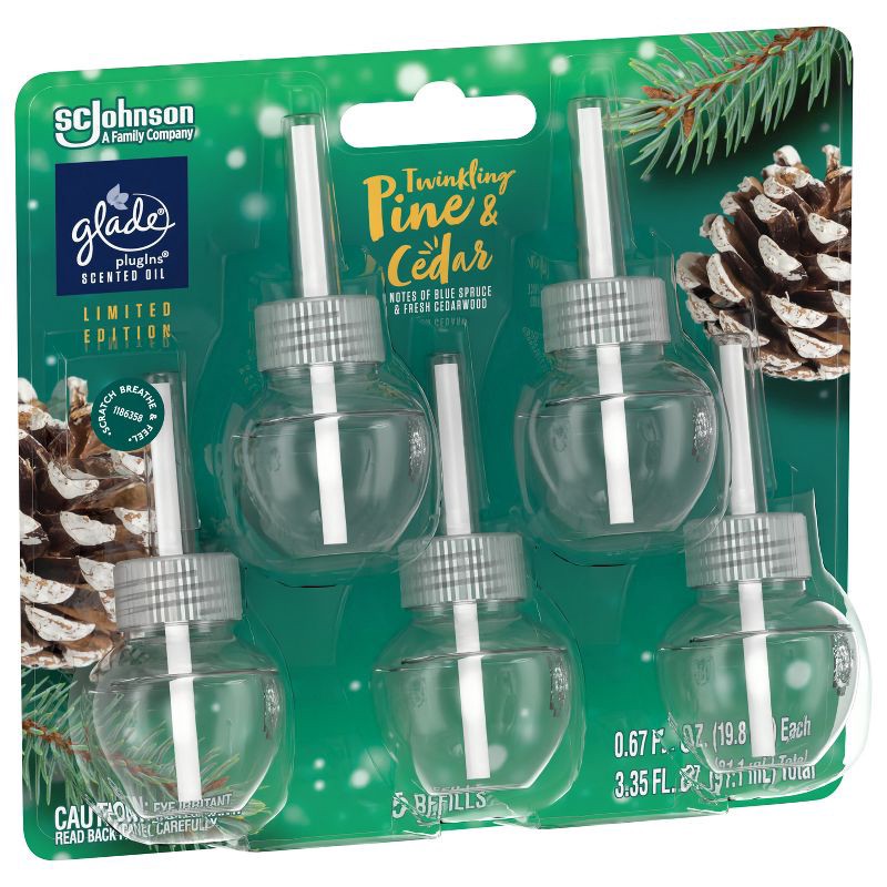 slide 16 of 16, Glade PlugIns Scented Oil Air Freshener - Twinkling Pine & Cedar Refill - 3.35oz/5pk, 5 ct; 3.35 oz