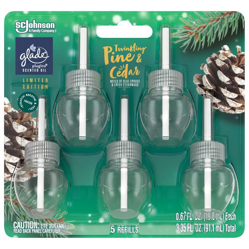 slide 4 of 16, Glade PlugIns Scented Oil Air Freshener - Twinkling Pine & Cedar Refill - 3.35oz/5pk, 5 ct; 3.35 oz