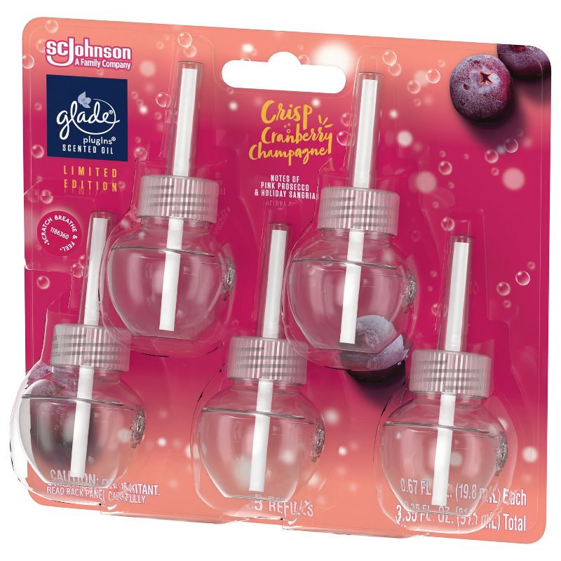 slide 14 of 16, Glade PlugIns Scented Oil Air Freshener - Crisp Cranberry Champagne Refill - 3.35oz/5pk, 5 ct; 3.35 oz