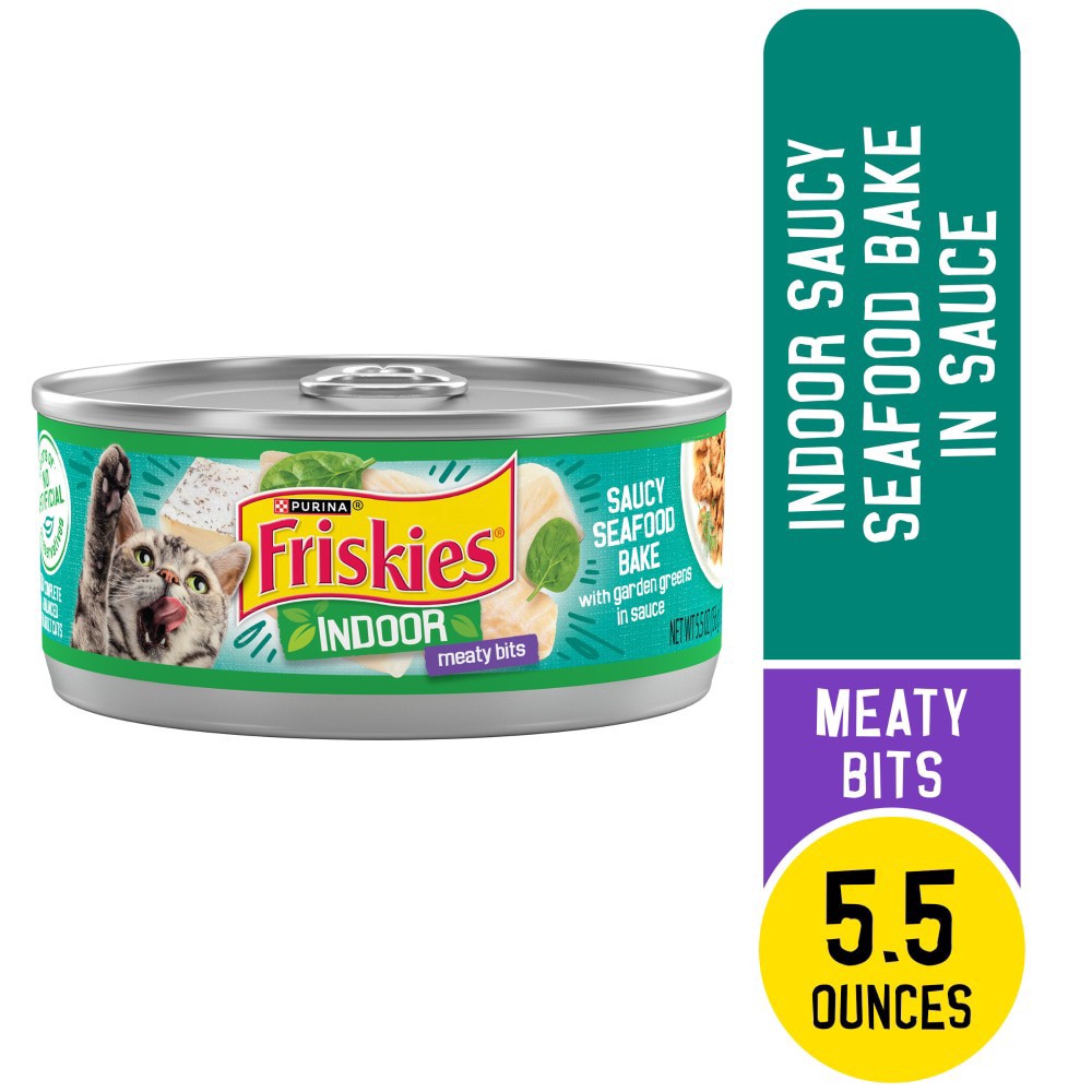 slide 1 of 3, Friskies Purina Friskies Indoor Wet Cat Food, Indoor Meaty Bits Saucy Seafood Bake in Sauce - 5.5 oz. Can, 5.5 oz