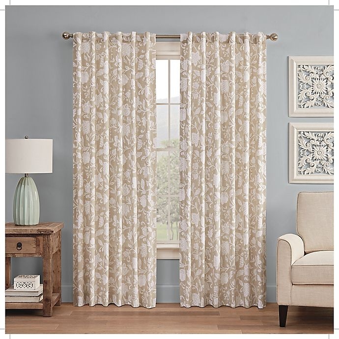 slide 1 of 4, Waverly Stencil Vine Light Filtering Rod Pocket Window Curtain Panel - Linen, 63 in