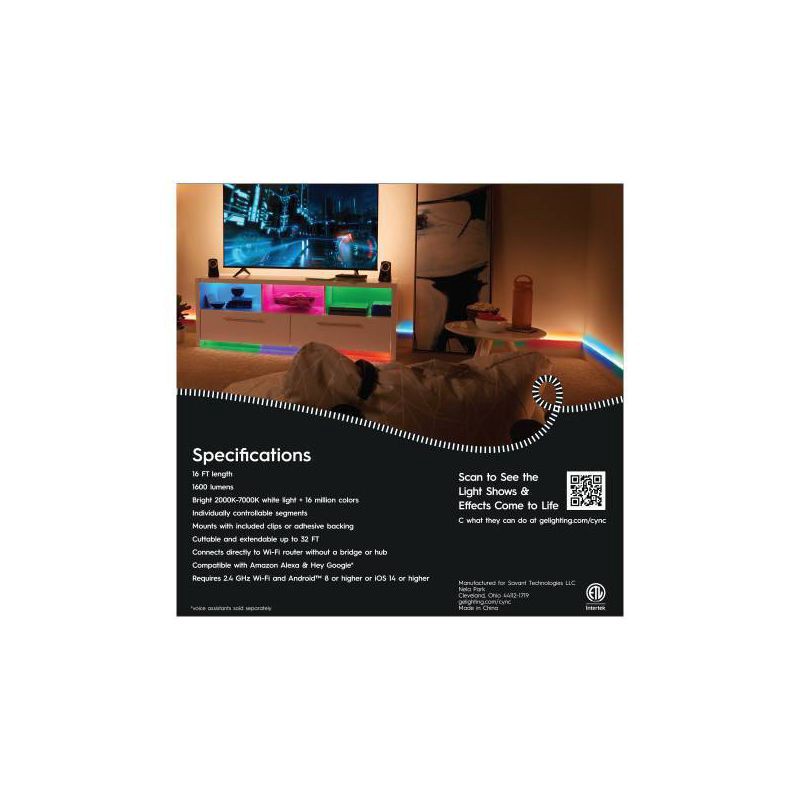 slide 13 of 14, GE Household Lighting GE 16' CYNC Dynamic Effects Smart LED Full Color Light Strip Power Supply, 1 ct
