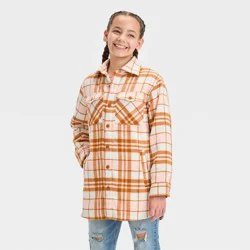 Girls' Cozy Lined Plaid Shacket- art class Brown L