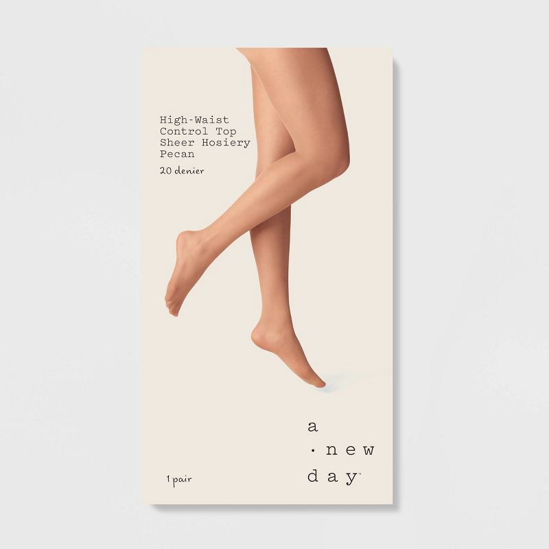 slide 2 of 2, Women's 20D Sheer High Waist Control Top Tights - A New Day™ Pecan 1X/2X: Solid Knit Hosiery, Plus Size, Hand Wash, 1 ct