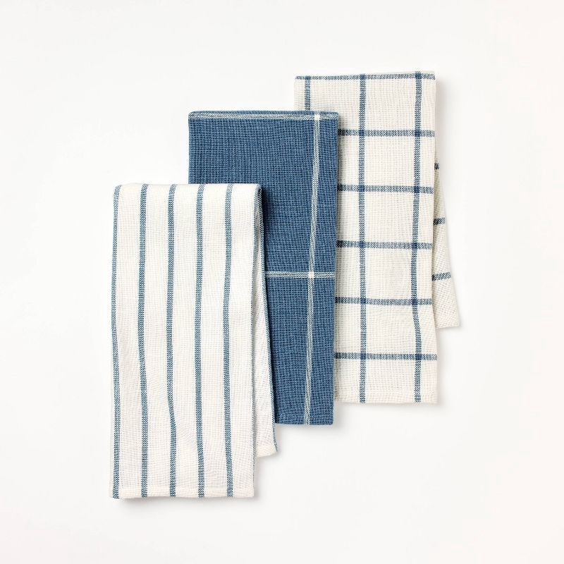 slide 1 of 4, 3pk Kitchen Towels Blue - Figmint™: Cotton Check Dish Towel Set, 28"x18", OEKO-TEX Certified, Easter Decor, 3 ct