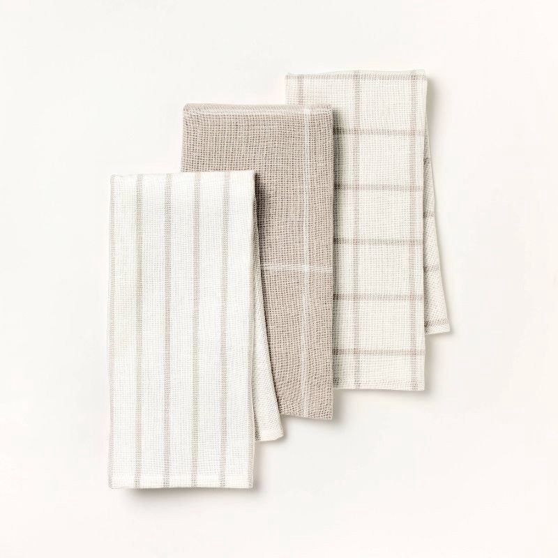 slide 1 of 3, 3pk Kitchen Towels Light Gray - Figmint™: Cotton Stripe Dish Towels, OEKO-TEX Certified, 28"x18", Easter Decor, 3 ct