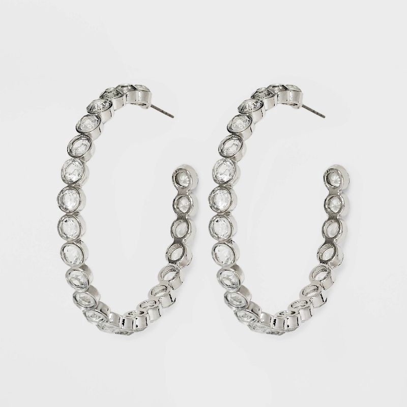 slide 1 of 3, Large Stone Hoop Earrings - A New Day™ Silver, 1 ct