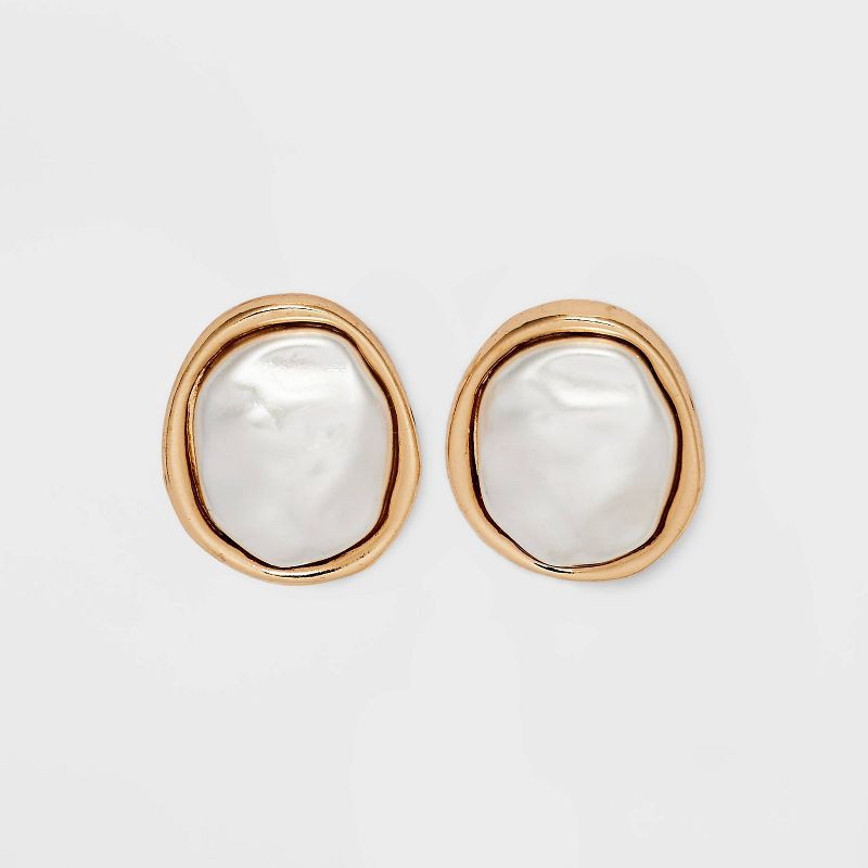 slide 1 of 3, Pearl Cabochon Stud Earrings - A New Day™ Gold: Nickel-Free Metal, Post Closure, 0.59" Length, 0.51" Width, 1 ct
