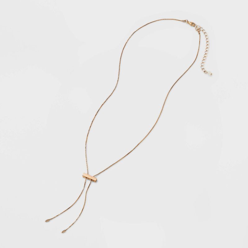 slide 3 of 4, Slider Bar Bolo Tie Y-Line Necklace - Universal Thread™ Gold: Lobster Claw Clasp, 18" Length, Recycled Brass, 1 ct