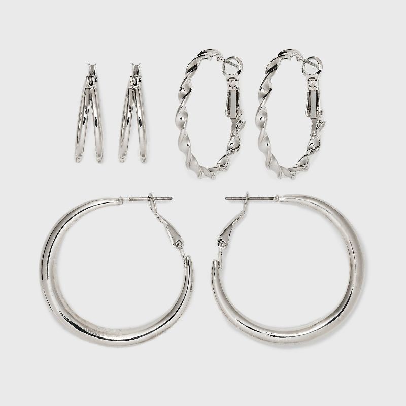 slide 1 of 13, Twisted and Duo Hoop Earring Set 3pc - Universal Thread™ Silver: Nickel-Free Metal, Clip-In Clasp, 3 ct