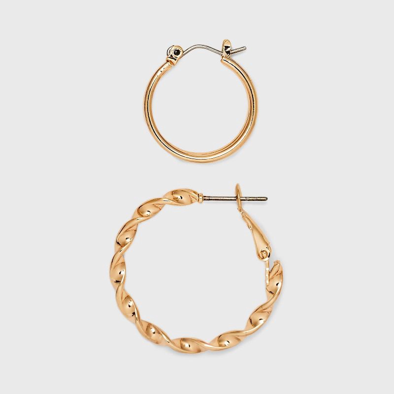 slide 2 of 2, Twisted and Duo Hoop Earring Set 3pc - Universal Thread™ Gold: Nickel-Free Metal, Clip-In Clasp, 3 ct