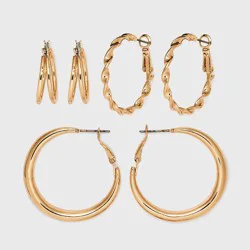 Twisted and Duo Hoop Earring Set 3pc - Universal Thread™ Gold: Nickel-Free Metal, Clip-In Clasp