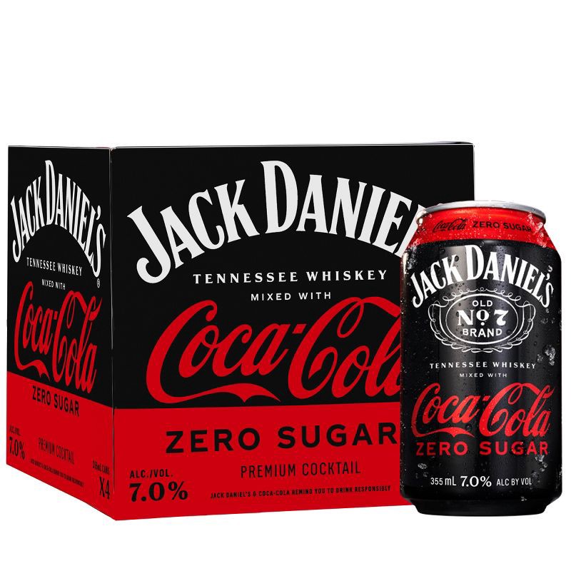 slide 1 of 12, Jack Daniel's Jack & Coke Zero RTD - 4pk/355ml Cans, 4 ct; 355 ml