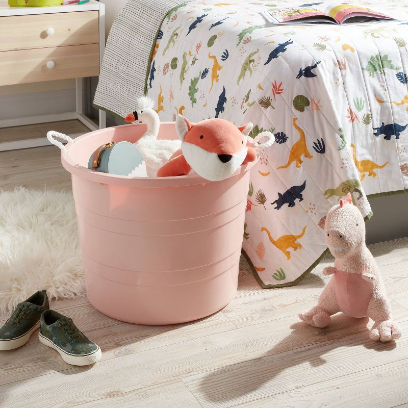 slide 2 of 3, Plastic Kids' Storage Bin with Woven Handles Pink - Pillowfort™: Jumbo Round Toy Bucket, 20% Recycled Material, 1 ct