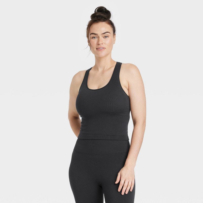 slide 3 of 5, Women's Seamless Racerback Ribbed Tank Top - All In Motion™ Black M: Moisture Wicking, Built-in Shelf Bra, 1 ct