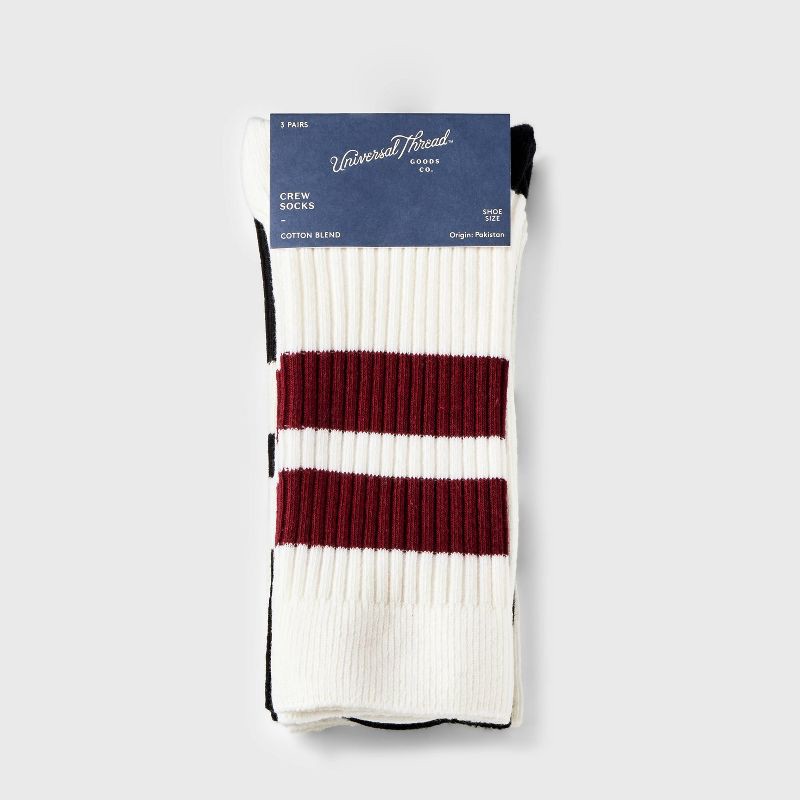 slide 2 of 3, Women's Lightweight Ribbed Striped 3pk Crew Socks - Universal Thread™ Ivory/Black 4-10: Cotton Blend, Tagless, Flat Seams, 3 ct
