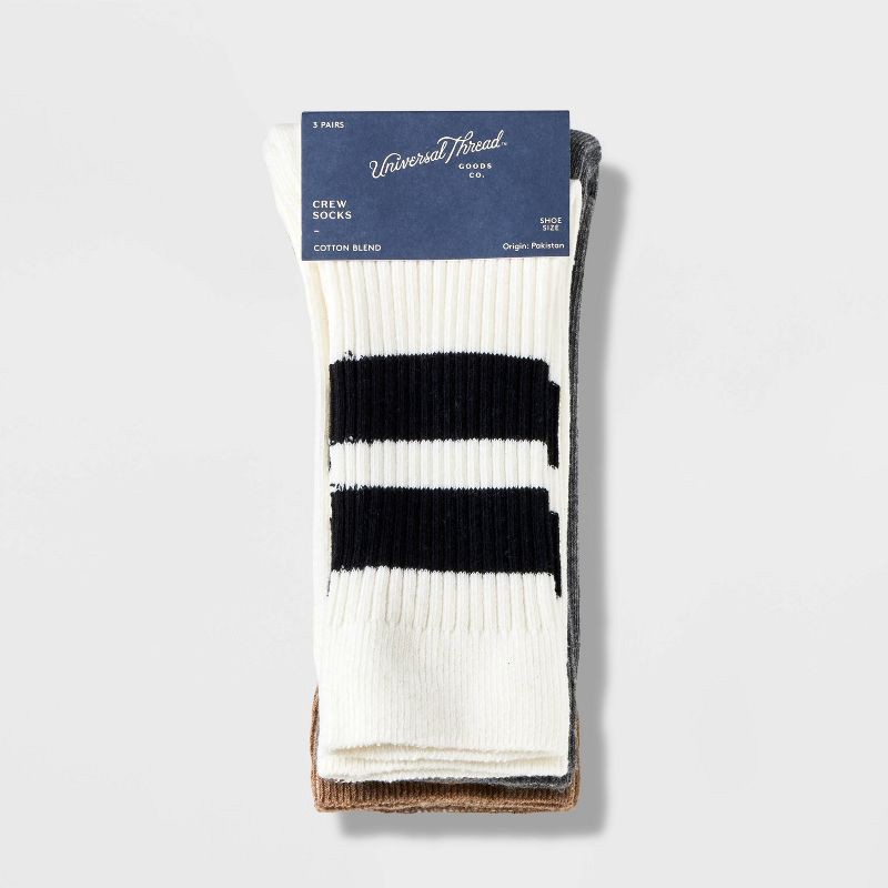 slide 2 of 3, Women's Lightweight Ribbed Striped 3pk Crew Socks - Universal Thread™ Ivory/Heather Gray/Brown Heather 4-10: Cotton Blend, Tagless, 3 ct