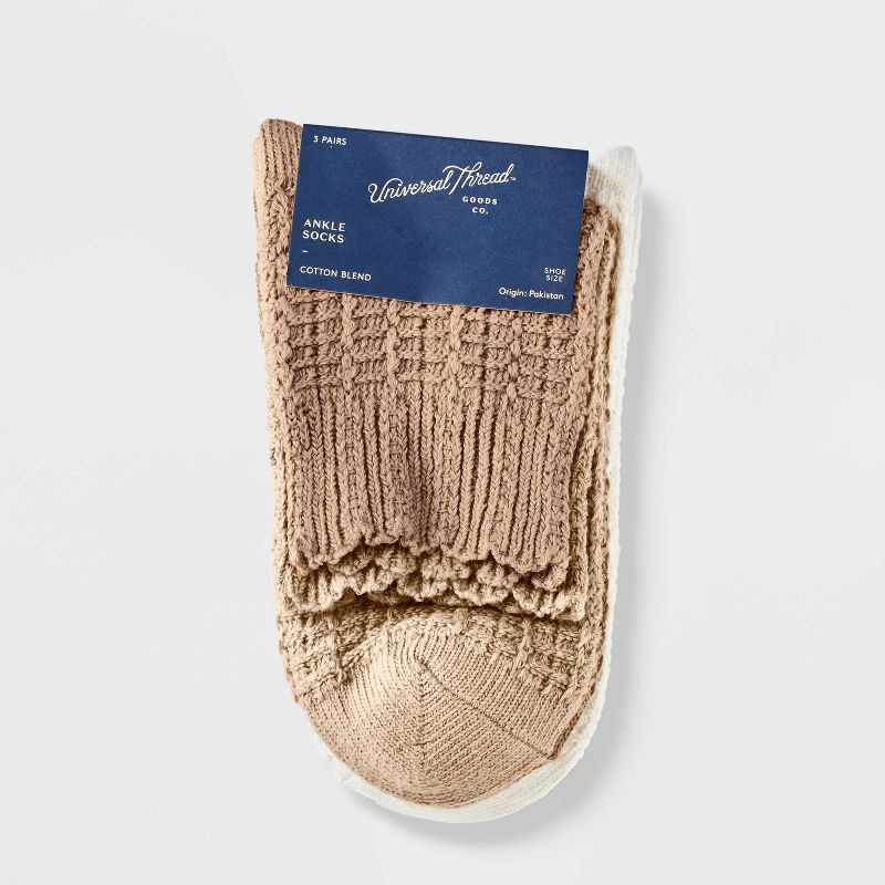 slide 2 of 3, Women's Scallop Edge 3pk Ankle Socks - Universal Thread™ Oatmeal/Cream/Brown 4-10: Ruffle Trim, Tagless Design, 3 ct