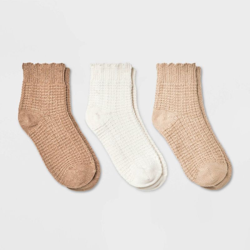 slide 1 of 3, Women's Scallop Edge 3pk Ankle Socks - Universal Thread™ Oatmeal/Cream/Brown 4-10: Ruffle Trim, Tagless Design, 3 ct