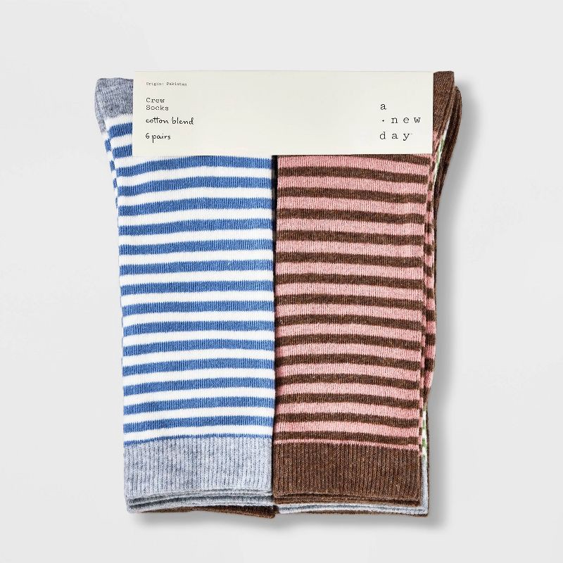 slide 2 of 3, Women's Striped 6pk Crew Socks - A New Day™ Assorted Colors 4-10: Lightweight Knit Flat Seams, 6 ct