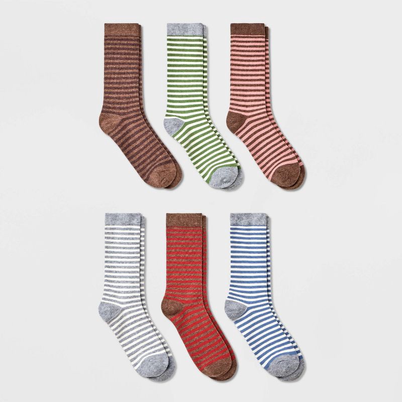 slide 1 of 3, Women's Striped 6pk Crew Socks - A New Day™ Assorted Colors 4-10: Lightweight Knit Flat Seams, 6 ct