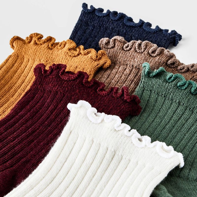 slide 3 of 3, Women's Lettuce Edge 6pk Ankle Socks - A New Day™ Jewel Tones 4-10: Ruffle Trim, Flat Seams, Knit Fabric, 6 ct