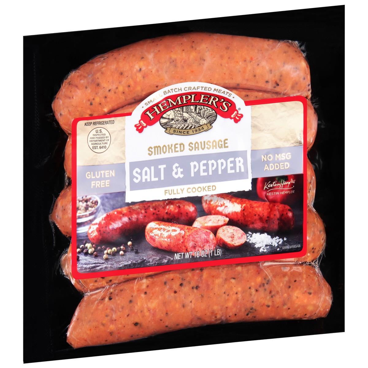 slide 3 of 9, Hempler's Salt And Pepper Pork Smoked Sausage, 1 lb