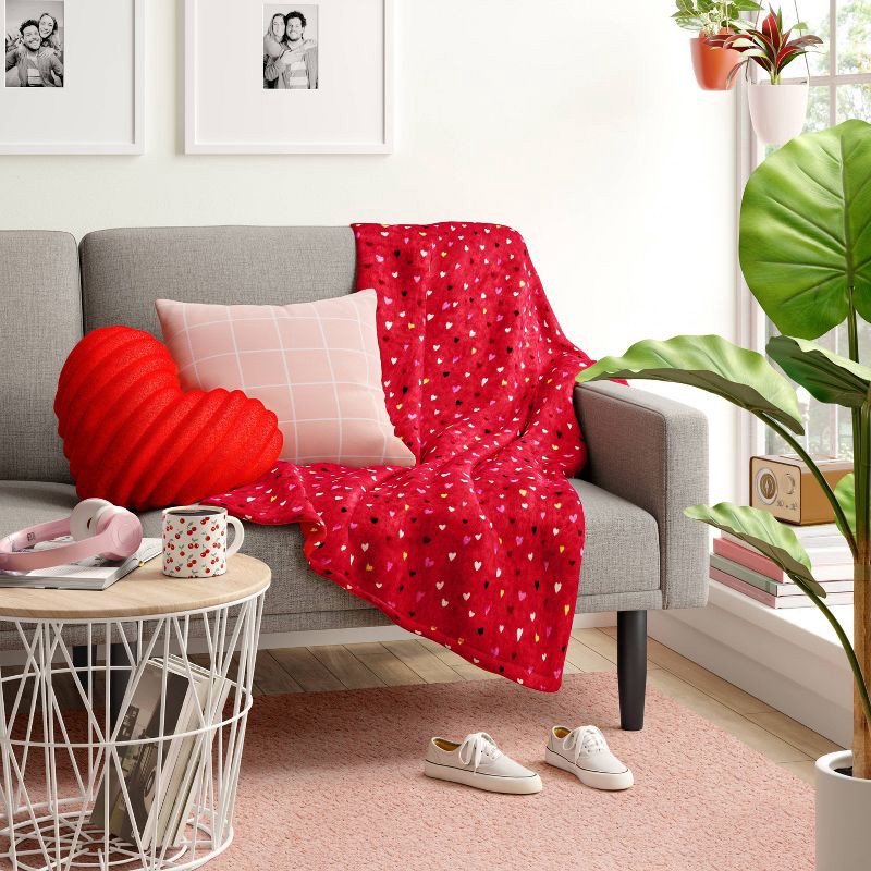 slide 2 of 4, Ditsy Hearts Printed Plush Valentine's Day Throw Blanket Red - Room Essentials, 1 ct