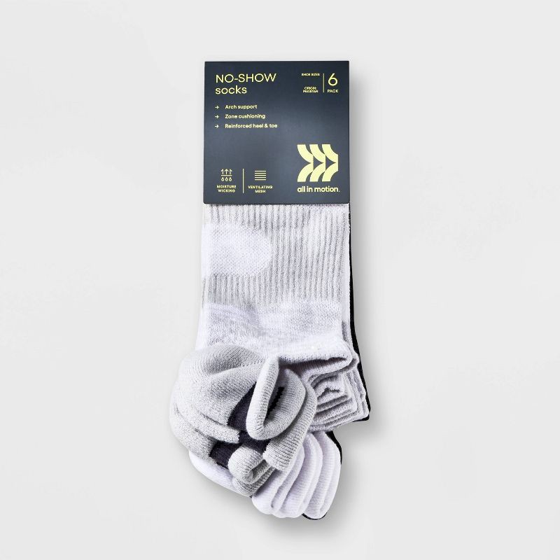 slide 2 of 3, Women's 6pk Active Accents No Show Tab Socks - All In Motion™ White/Gray/Black 4-10: Arch Support, Reinforced Heel & Toe, 6 ct