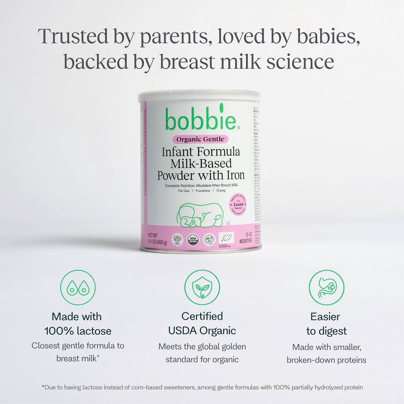 slide 6 of 9, Bobbie Organic Gentle Infant Formula - 14.1oz, 14.1 oz