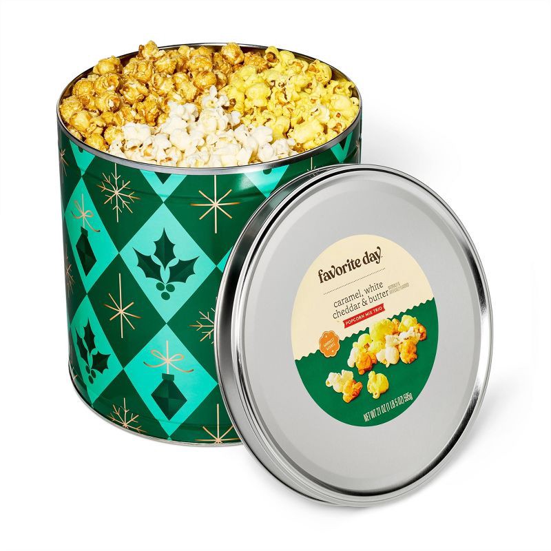 slide 3 of 4, Popcorn Mix Trio Caramel, White Cheddar, and Butter Popcorn, Holiday Trees - 21oz - Favorite Day™, 21 oz