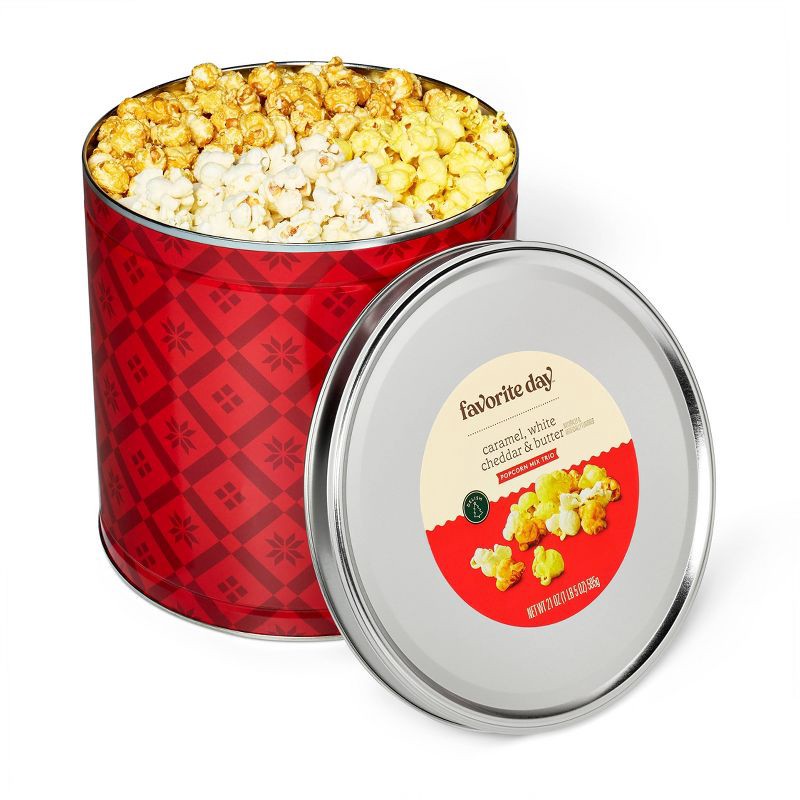 slide 3 of 4, Christmas Popcorn Mix Trio Caramel, White Cheddar, and Butter Popcorn, Red Plaid - 21oz - Favorite Day™, 21 oz