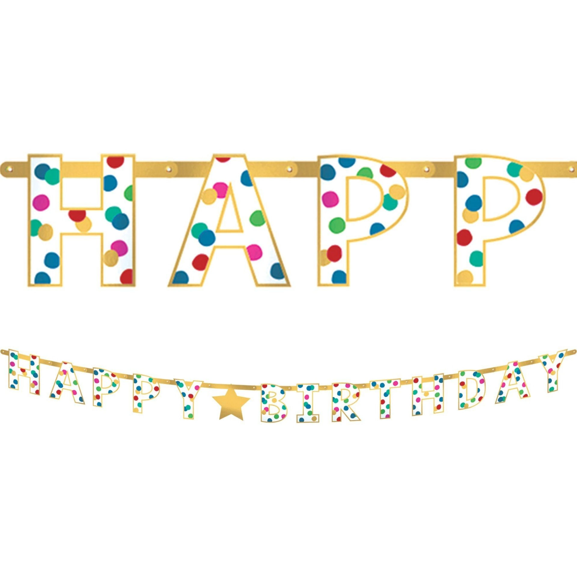 slide 1 of 1, Party City Multicolor & Metallic Gold Happy Dots Birthday Letter Banner, 1 ct