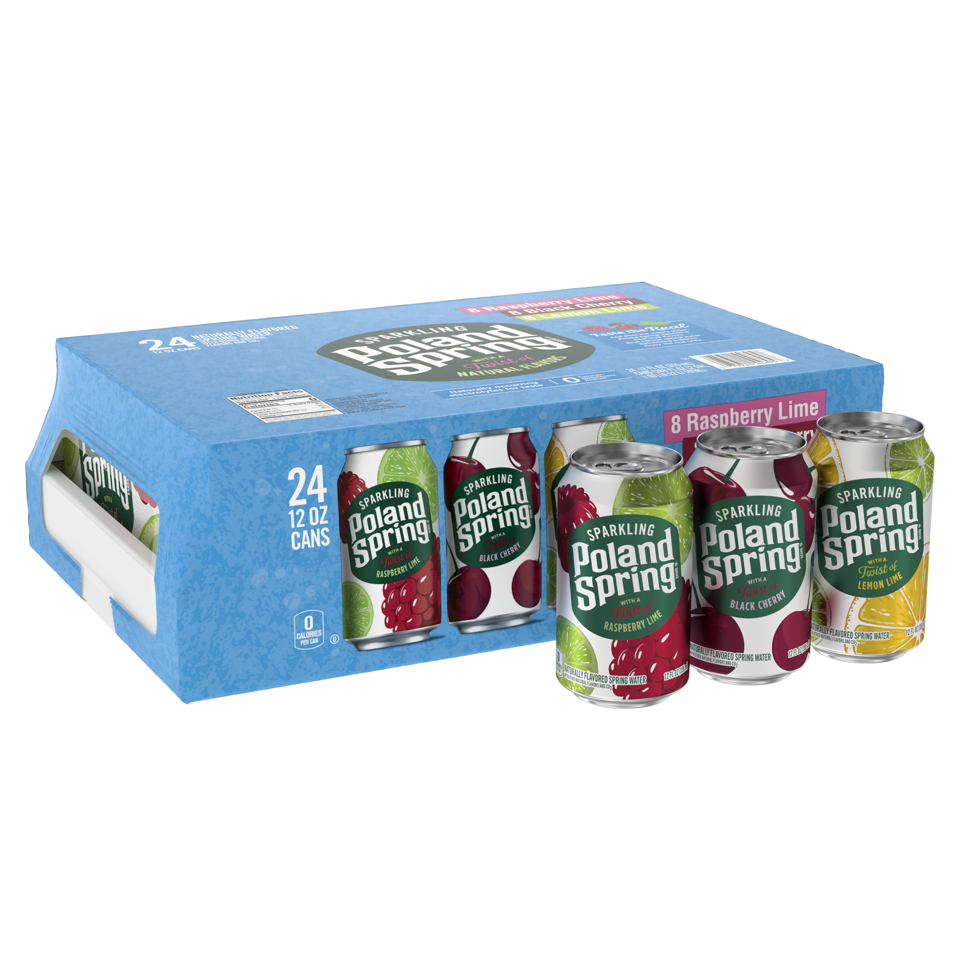 slide 3 of 5, Poland Spring Sparkling Water, Black Cherry, Lemon Lime, and Raspberry Lime, 12 oz. Cans (Variety Pack of 24), 12 oz