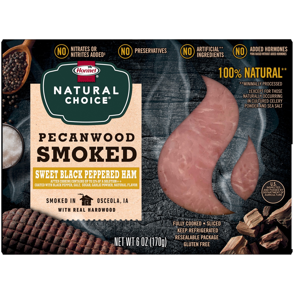 slide 4 of 7, Hormel Natural Choice Pecanwood Smoked Sweet Black Peppered Ham 6 oz. Box, 