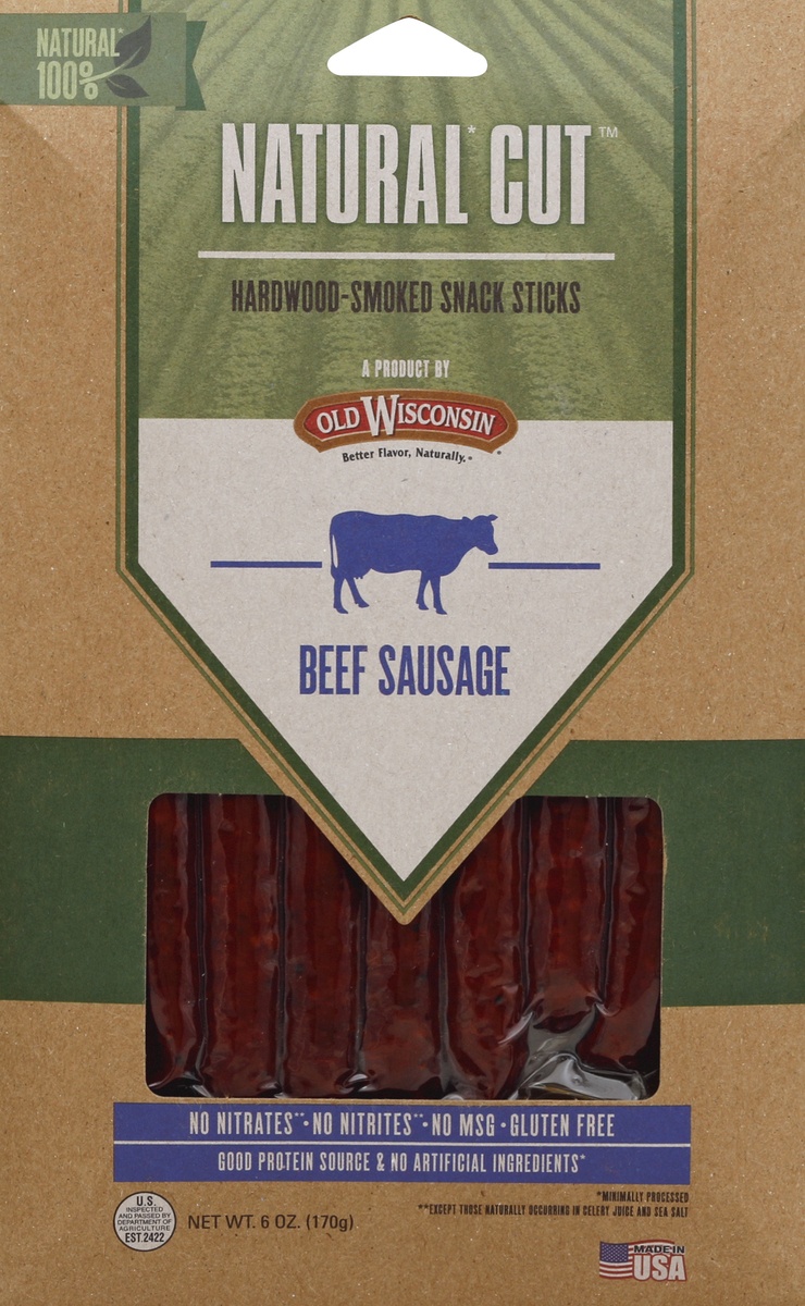 slide 2 of 3, Old Wisconsin Natural Cut Hardwood-Smoked Beef Sausage Snack Sticks 6 oz. Pack, 6 oz